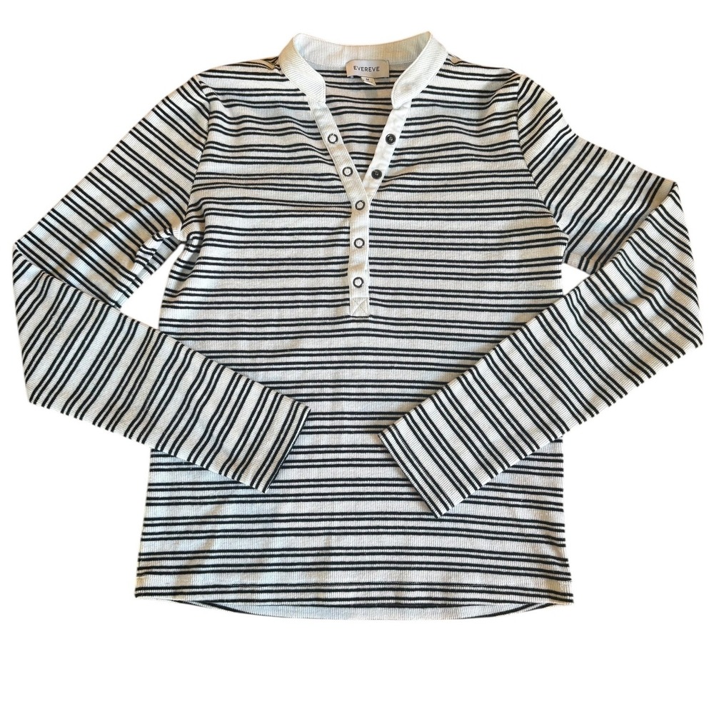 Evereve Striped Henley Long Sleeve Top Women's Black White Ribbed
